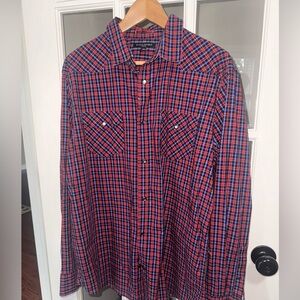 Mens Banana Repulic XL Slim Fit Pearl Snap Plaid Long Sleeve Red Blue Shirt